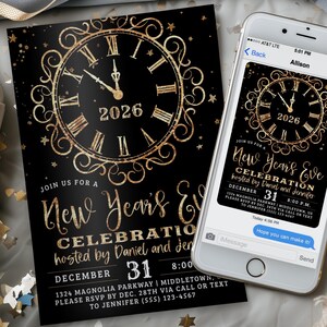 New Year's Eve Party Invitation: Gold Clock Elegant NYE, Digital Editable Template PDF JPG