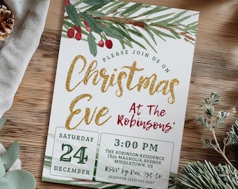 Christmas Eve Invitation: Gold Glitter Pine Branch, Digital Invite Editable Template PDF JPG