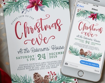 Christmas Eve Invitation - Pine Branch Digital Invite Editable Template PDF JPG