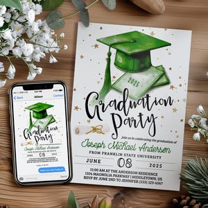 Graduation Party Invitation: Green Gold Grad, 5x7 4x6 Digital Printable Editable Template GG425