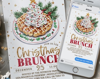 Christmas Brunch Invitation: Holiday Waffle Morning, Digital 5x7 4x6 Printable Editable Template PDF JPG