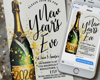 New Year's Eve Invitation: Champagne NYE Party, 5x7 4x6 Digital Editable Template PDF JPG