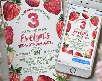 Strawberry Birthday Invitation - Berry Cute Girl Kids Birthday Digital Invite 5x7 & 4x6 Printable Editable Corjl Template PDF JPG SB225