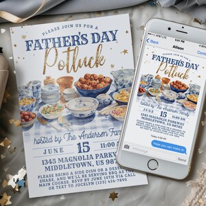 Invitación para compartir en el Día del Padre: Barbacoa a cuadros vichy azules, plantilla digital editable de 5x7 y 4x6