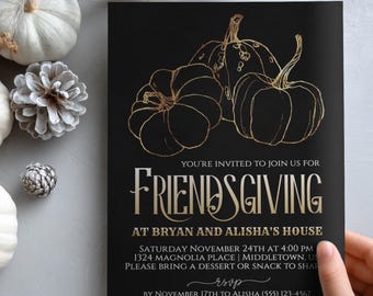 Elegant Friendsgiving Invitation: Black Gold Pumpkins, Digital Invite, Editable Template Instant Download PDF JPG