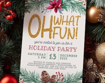 Holiday Party Invitation: 'Oh What Fun!' Christmas, 5x7 Digital Invite, Editable Template Instant Download