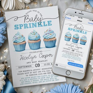 Invito per baby shower con cupcake blu e granella, invito digitale 5x7 4x6 modello stampabile modificabile BCB1024