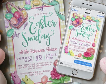 Easter Sunday Invitation: Peeps, Digital Invite, Printable Editable Template JPG PDF
