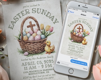 Religious Easter Sunday Invitation: Christian Cross, Digital 5x7 4x6 Printable Editable Template PDF JPG