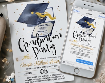 Invitación a fiesta de graduación: Gorro de graduación azul marino y dorado, invitación digital, plantilla editable de 5x7 y 4x6 pulgadas GR0622