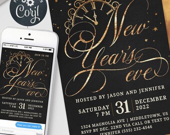 Peut inclure: Invitation de réveillon du Nouvel An noire et dorée avec une écriture élégante et un motif d'horloge. Comprend les détails de l'événement : date, heure et lieu. Un smartphone affiche l'invitation, à côté d'un clavier et de papeterie.