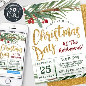 Christmas Day Invitation: Gold Glitter Pine Branch Digital Invite Editable Template PDF JPG