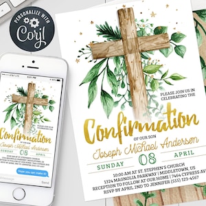 Confirmation Invitation - Cross Leaves Boy Confirmation 5x7 & 4x6 inch Invitation Editable Template Instant Download PDF, JPG, PNG GRC323