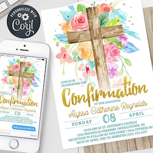 Confirmation Invitation - Floral Cross Girl Confirmation Digital Invite Editable Template Instant Download PDF, JPG, or PNG FC0423