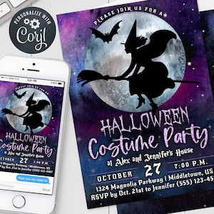 Halloween Invitation: Witch Moon Pretty Costume Party, Digital 5x7 4x6 Editable Template PDF JPG