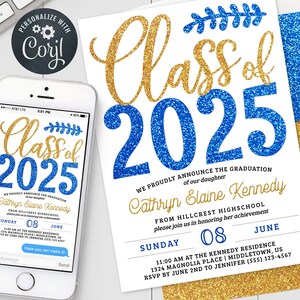 Blue Gold Graduation Invitation - Class of 2025 Graduation Party Digital Invite - 5x7 & 4x6 Editable Template Grad Instant Download PDF JPG