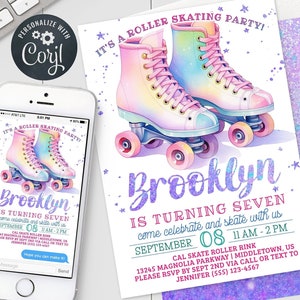 Roller Skating Birthday Invitation - Pink Purple Girl Kids Skate Birthday Digital Invite 5x7 & 4x6 Printable Editable Template PDF JPG RS924