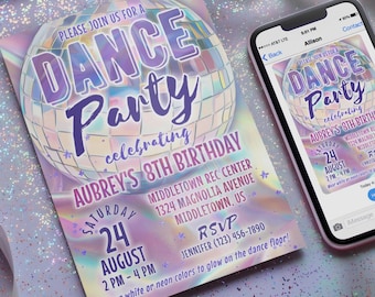 Dance Party Birthday Invitation: Pastel Iridescent Disco Ball, 5x7 4x6 Editable Template PDF JPG