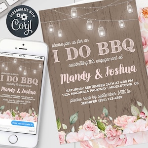 Pink Floral &#39;I Do BBQ&#39; Engagement Invitation, Digital Invite, Editable Template Instant Download