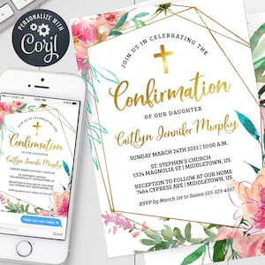 Confirmation Invitation - Pink Floral Girl Confirmation 5x7 & 4x6 inch Invitation Editable Template Instant Download PDF, JPG, or PNG