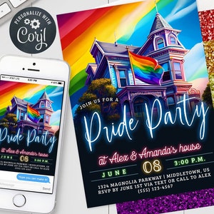Invito alla festa dell&#39;orgoglio - Invito digitale LGBTQ Pride con bandiera arcobaleno 5x7&quot; e 4x6&quot; Modello modificabile Download immediato PDF, JPG, png
