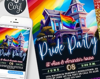 May include: A rainbow-themed invitation for a Pride Party at Alex & Amanda's house on June 08th at 3:00 PM. The invitation features a house with a rainbow flag and a glittery background.