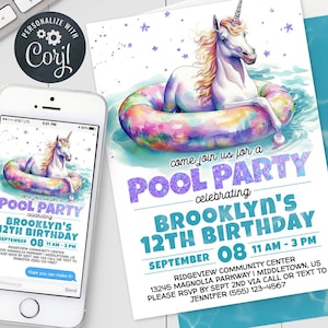 Pool Party Birthday Invitation - Unicorn Girl Kids Swimming Party Digital Invite Bday 5x7 4x6 Editable Template Instant Download PDF JPG