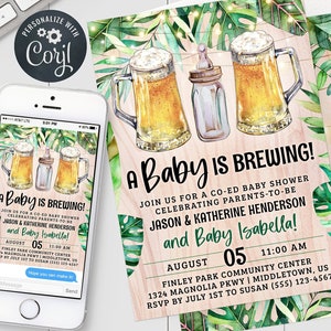 Co-Ed Baby Shower Invitation - A Baby is Brewing, Beer Bottle Boho Baby-Q 5x7 4x6 Digital Invite Editable Template Instant Download PDF, JPG