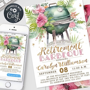 Retirement BBQ Invitation - Pink Floral Woman Barbeque Barbecue Digital Invite 5x7 & 4x6&quot; Editable Template Instant Download PDF JPG png