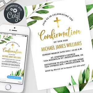 Confirmation Invitation - Leaves and Gold Boy Confirmation 5x7 & 4x6 inch Invitation Editable Template Instant Download PDF, JPG, or PNG