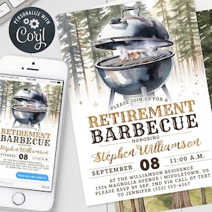 Retirement BBQ Invitation - Trees Man Masculine Barbeque Barbecue Digital Invite 5x7 & 4x6&quot; Editable Template Instant Download PDF JPG