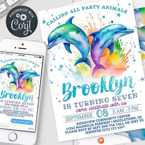 Dolphins Birthday Invitation - Rainbow Dolphin Girl Kids Bday Digital Invite 5x7 & 4x6 Printable Editable Template PDF, JPG, PNG RD0423