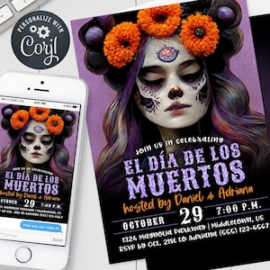 Invitación del Día de los Muertos - Invitación digital con diseño floral de calavera de azúcar para fiesta del Día de los Muertos (5x7 4x6) Plantilla editable Descarga instantánea en PDF y JPG