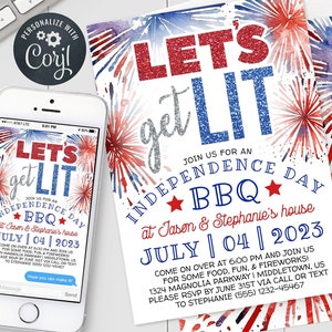 Lets Get Lit Funny 4th of July Party Digital Invitation