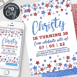 4th of July Birthday Invitation - Independence Day Patriotic Stars Birthday Invitation Editable Template Instant Download PDF JPG PNG RWB323
