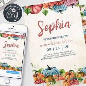 Invitación de cumpleaños de calabaza - Plantilla editable de invitación de cumpleaños de otoño con calabazas de otoño. Descarga instantánea en PDF y JPG. PU1022