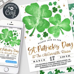 St. Patrick&#39;s Day Einladung: Shamrocks, digitale Einladung 5 x 7 4 x 6 druckbare bearbeitbare Vorlage PDF JPG