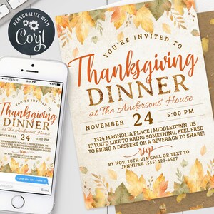 Thanksgiving Dinner Invitation: Autumn Leaves, Digital Invite 5x7 4x6 Editable Template PDF JPG AL1022