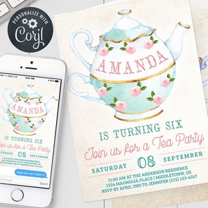 Tea Party Birthday Invitation - Teapot Girl Birthday Tea Party Invitation Editable Template Instant Download PDF, JPG, or PNG