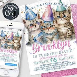 Kitten Birthday Invitation: Pink Pastel Cats, 5x7 4x6 Editable Template PDF JPG CBD223