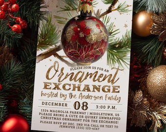Ornament Exchange Invitation, Christmas Holiday Party, Digital 5x7 4x6 Editable Template PDF JPG GO1122