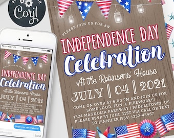 Independence Day Celebration Invitation, Digital Invite 5x7 4x6 Editable Template Instant Download PDF JPG