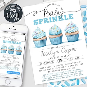 Uitnodiging cupcake babystrooisel - Blue Boy Baby strooi digitale uitnodiging 5 x 7" & 4 x 6" bewerkbare sjabloon digitale pdf, jpg, png - BCB1024