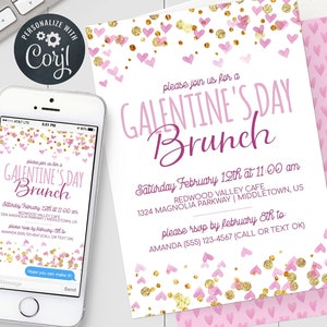 Galentine&#39;s Day Brunch Invitation, Digital Invite, Printable Editable Template Instant Download PDF JPG