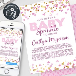 Girl Baby Sprinkle Invitation - Pink and Gold Hearts - Girl Baby Sprinkle Invite Editable Template Instant Download PDF, JPG, or PNG