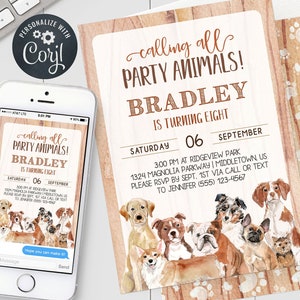 Puppy Dogs Birthday Invitation - &quot;Party Animals&quot; Dog Birthday Party Digital Invite Editable Template Instant Download PDF, JPG