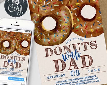 Donuts mit Papa Einladung - Vatertagsbrunch Brown Donut Digitale Einladung, bearbeitbare Corjl Vorlage, Sofortiger Download PDF, JPG
