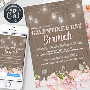 Floral Galentine&#39;s Day Brunch Invitation, Digital Invite, Editable Template Instant Download PDF JPG
