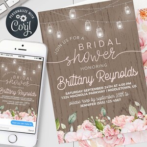 Faire-part de douche nuptiale floral rose - Invitation numérique de douche nuptiale bohème - modèle modifiable imprimable téléchargement immédiat PDF, JPG