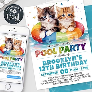 May include: A colourful pool party invitation featuring two kittens wearing rainbow inflatables. The text reads "Come join us for a Pool Party celebrating Brooklyn's 12th Birthday, September 08, 11 AM - 3 PM, Ridgeview Community Centre, 13245 Magnolia Parkway, Middletown, US. Please RSVP by Sept 2nd via call or text to Jennifer (555) 123-4567."